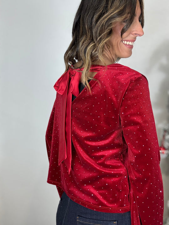La camicia in velluto con gli strasse e il fiocco