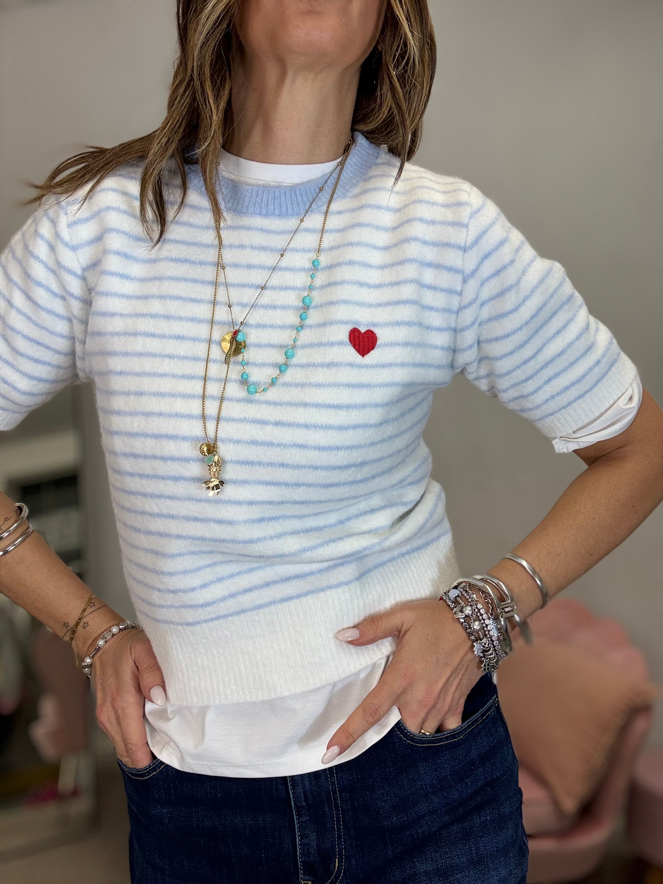 Il pull cuoricino e righine pastello