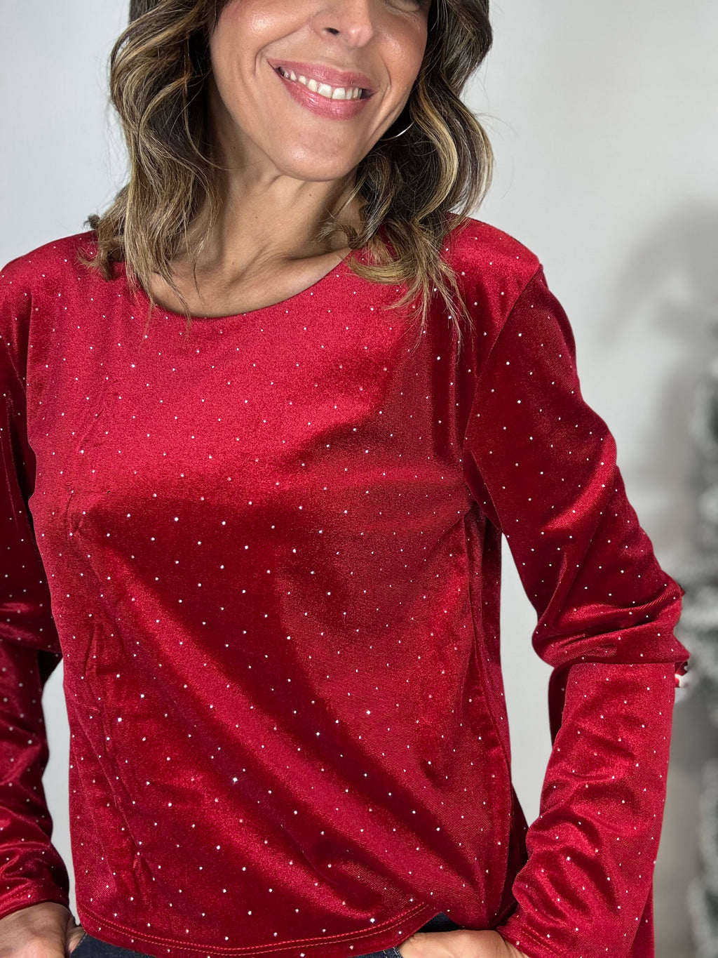 La camicia in velluto con gli strasse e il fiocco