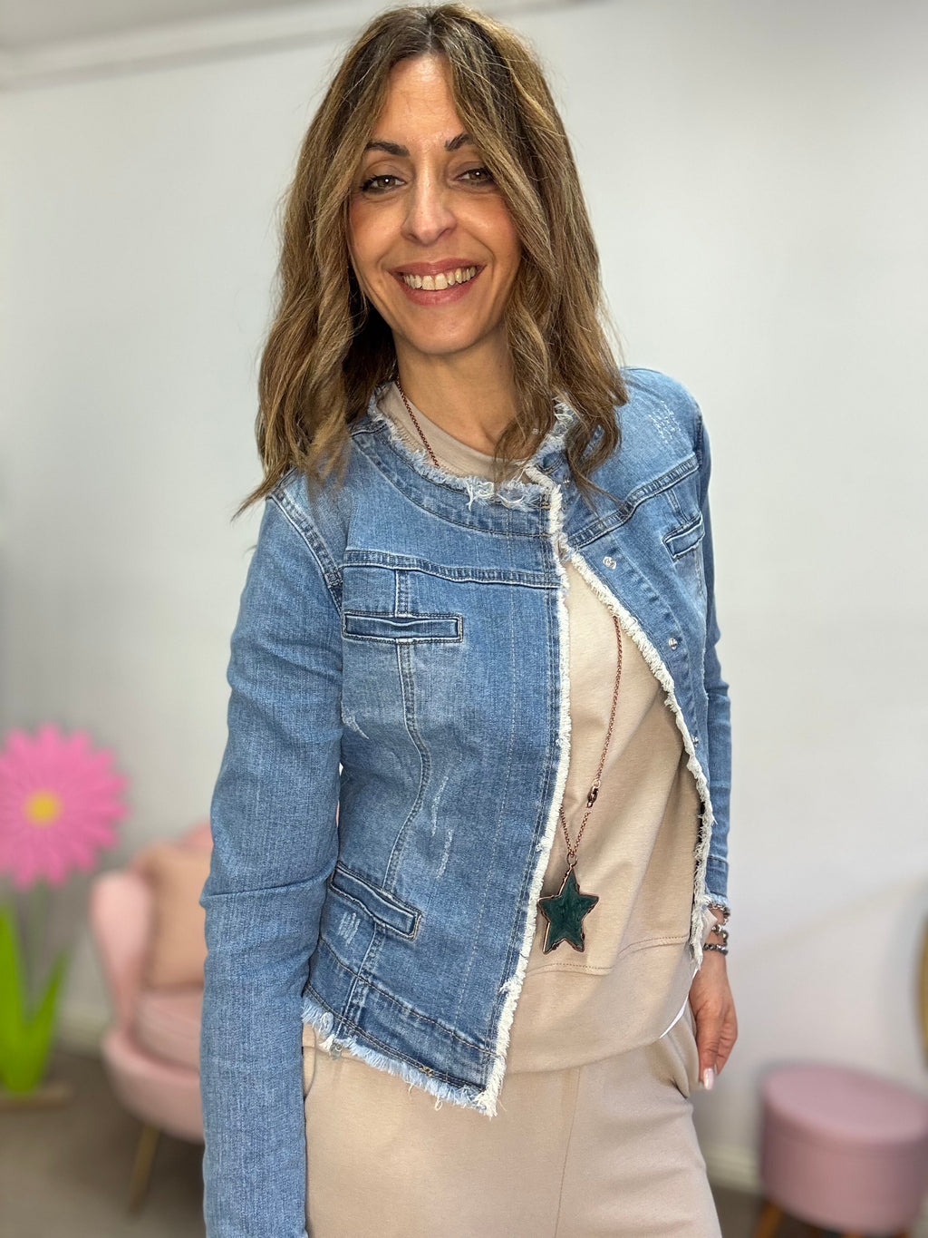 Giubbino in jeans con le frangette denim chiaro