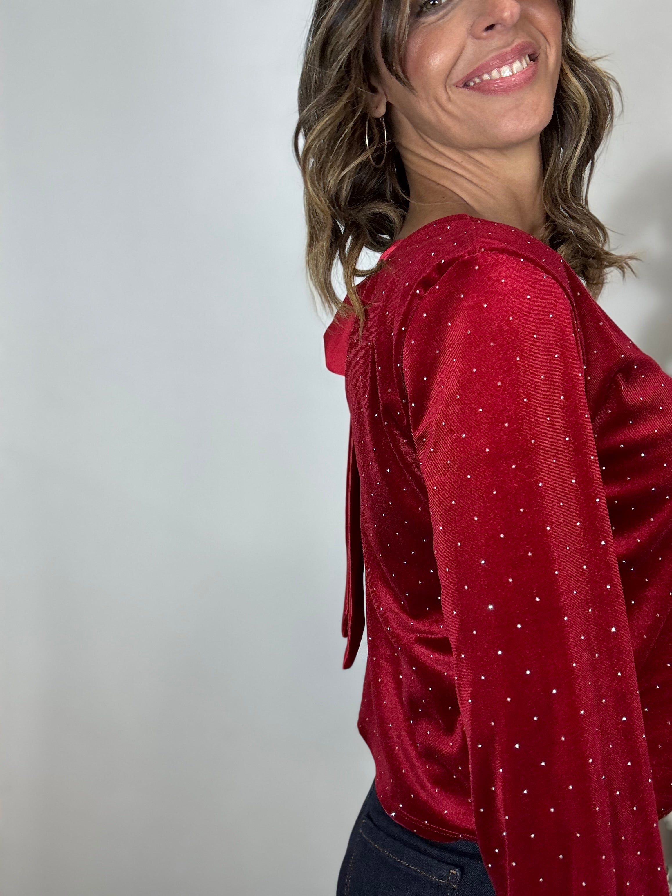 La camicia in velluto con gli strasse e il fiocco