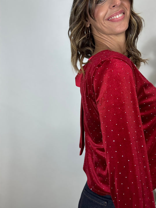 La camicia in velluto con gli strasse e il fiocco