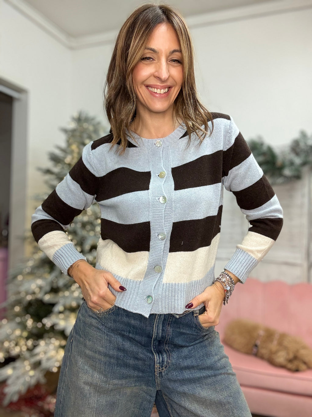 Il cardigan in misto cachemire rigato colorato